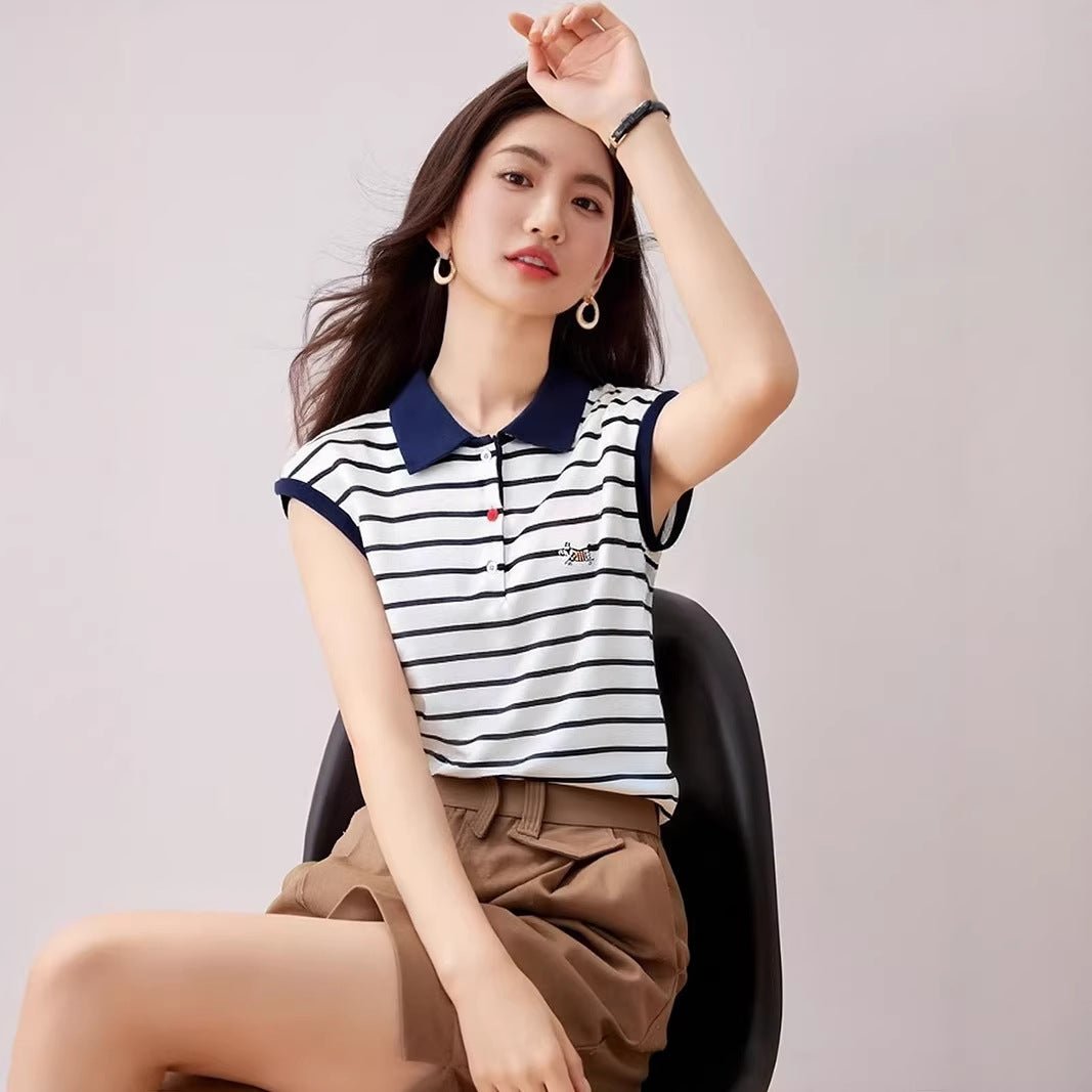 Light Luxury Retro Stripe Short Sleeve T-Shirt for Women, Summer Slim Fit Loose Embroidered Top Fashion - UrbanNest Co