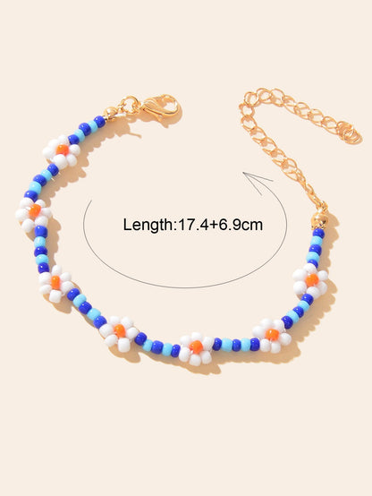 Bohemian Handmade Blue White Beaded Braided Flower Beach Anklet Foot Jewellery - UrbanNest Co