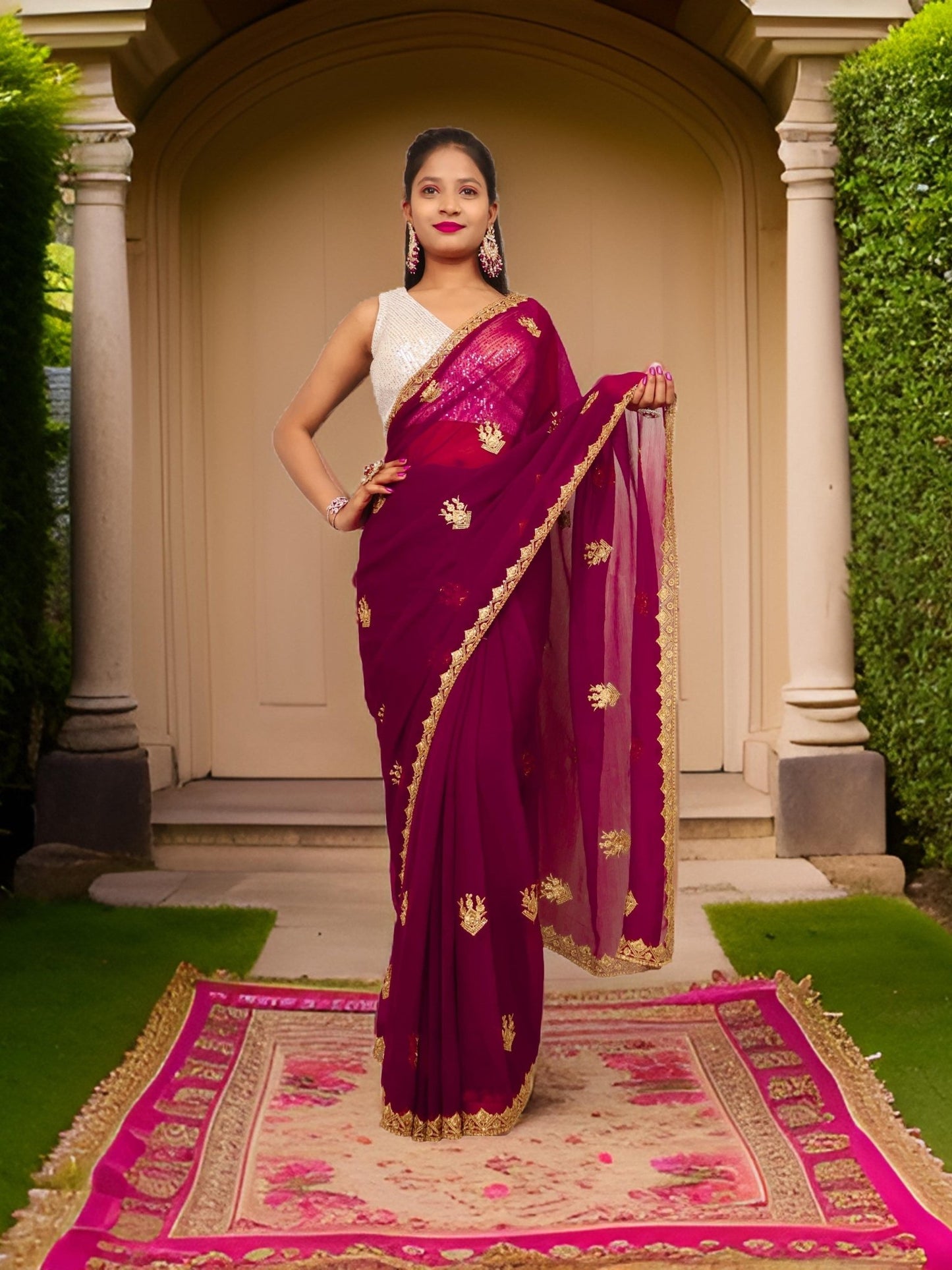 Designer Saree with Kundan & Zari Thread Work by Shreekama - UrbanNest Co