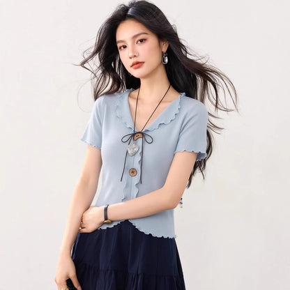 Ruffle Turn - down Collar Short Sleeve Knit T-shirt for Women Summer Fashion Design Sense Bow Cut - out Top - UrbanNest Co