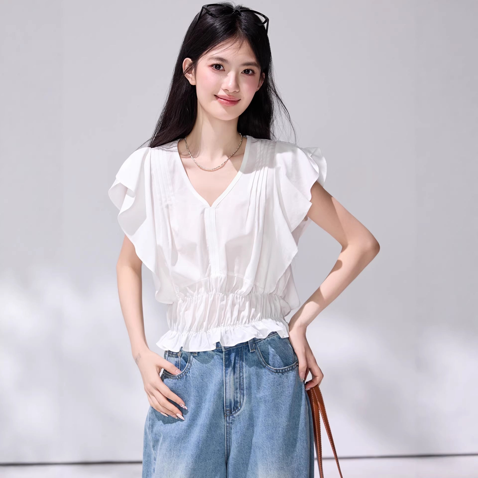 Short French V - Neck Fitted White Short Sleeve Blouse for Women, Youthful Ruffle Flutter Sleeve Top - UrbanNest Co