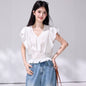 Short French V - Neck Fitted White Short Sleeve Blouse for Women, Youthful Ruffle Flutter Sleeve Top - UrbanNest Co