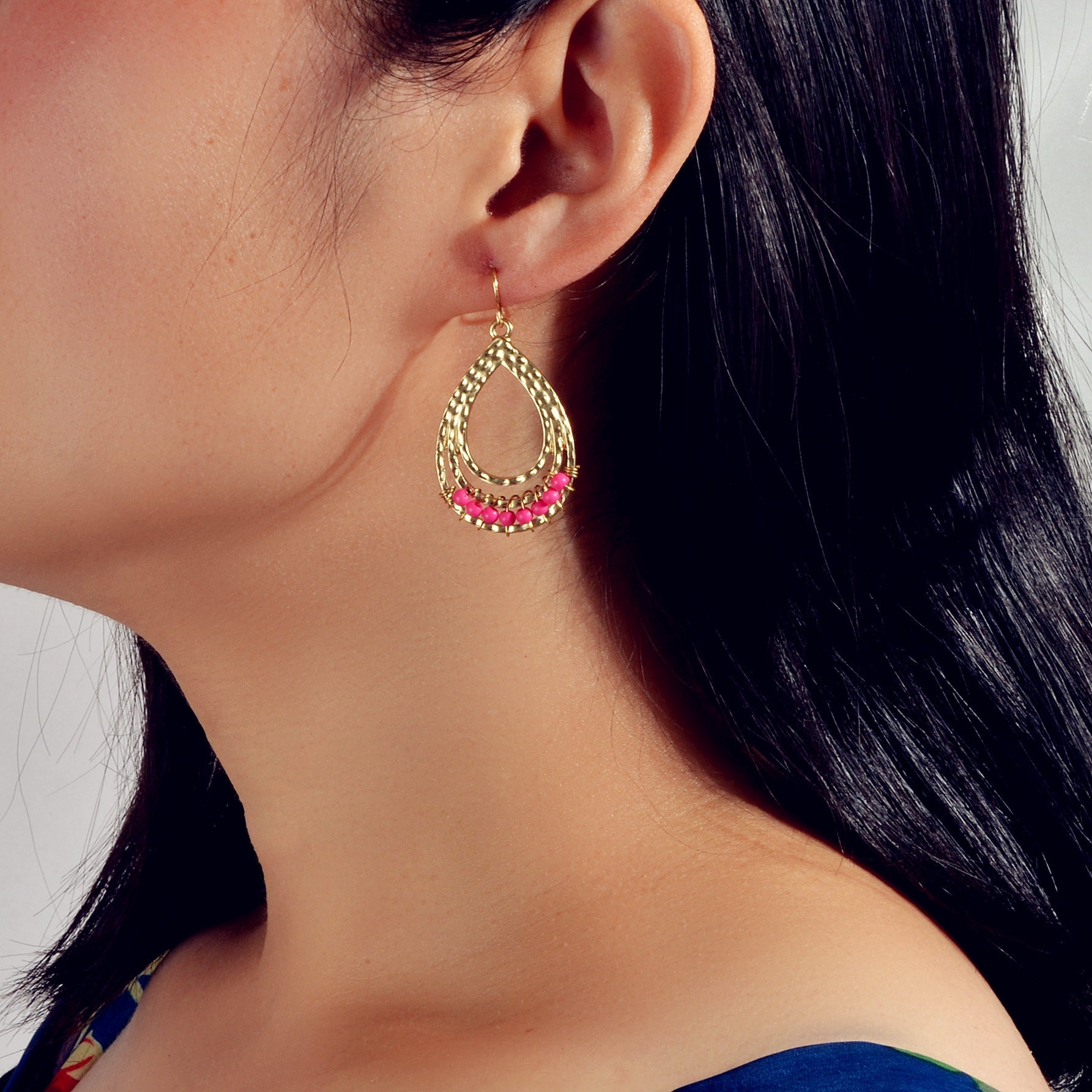 Ethnic Hotpink Beads Handmade Hollow Water Drop Bohemian Traditional Earrings - UrbanNest Co