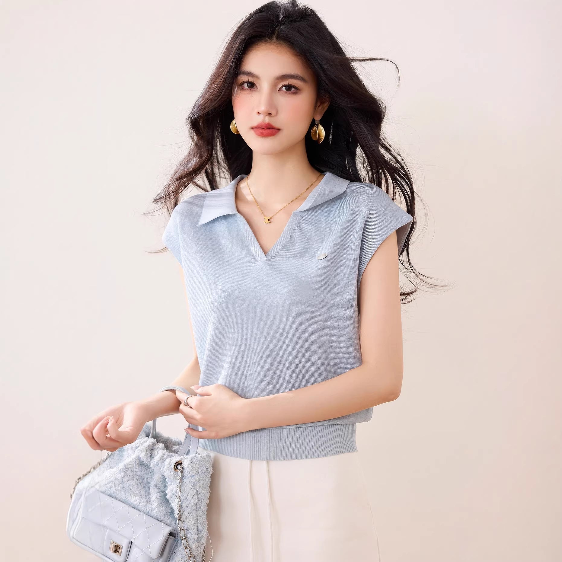 Blue Knitted Polo Shirt Women's Short Sleeve T-Shirt V - Neck Slim Fit Youthful and Brightening Top - UrbanNest Co