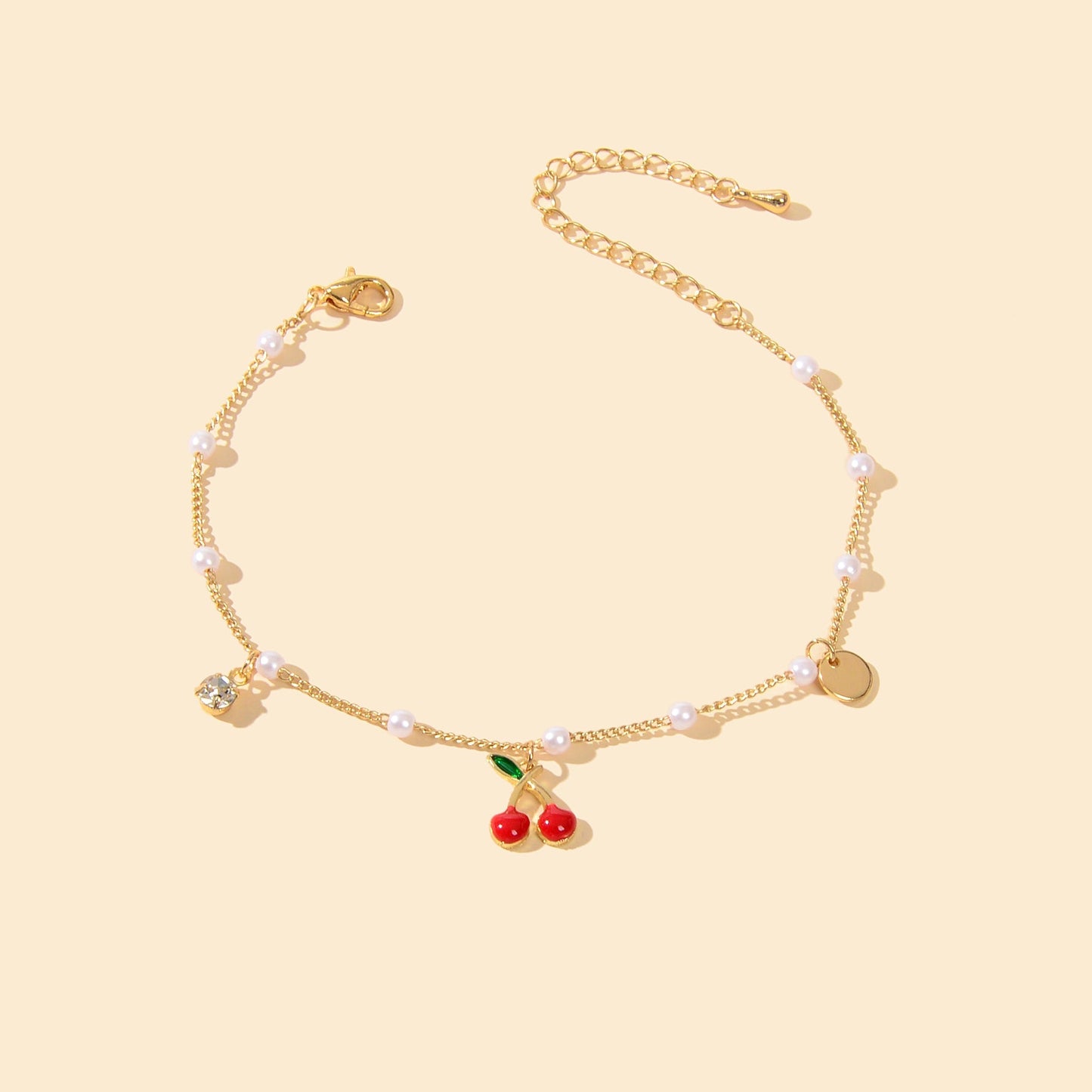 Pearl Beads Disc Charm Gold Chain Red Cherry Charm Bracelet Women Dainty Gift - UrbanNest Co