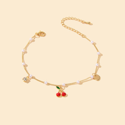Pearl Beads Disc Charm Gold Chain Red Cherry Charm Bracelet Women Dainty Gift - UrbanNest Co