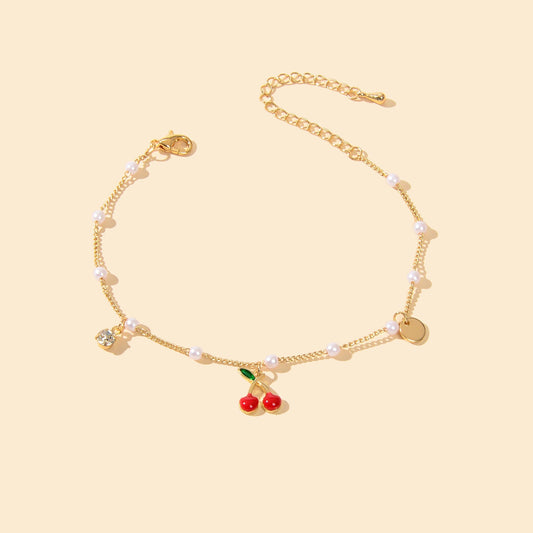Pearl Beads Disc Charm Gold Chain Red Cherry Charm Bracelet Women Dainty Gift - UrbanNest Co