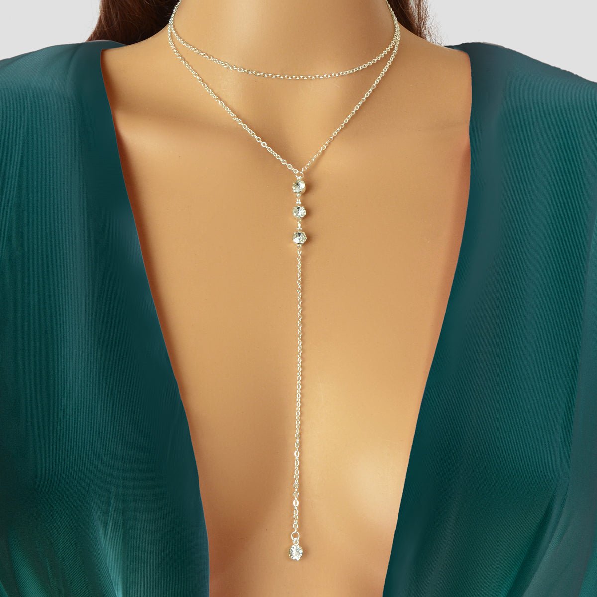 Trendy Double layer Gold Silver Chain Rhinestone Y Style Long Pendant Necklace - UrbanNest Co