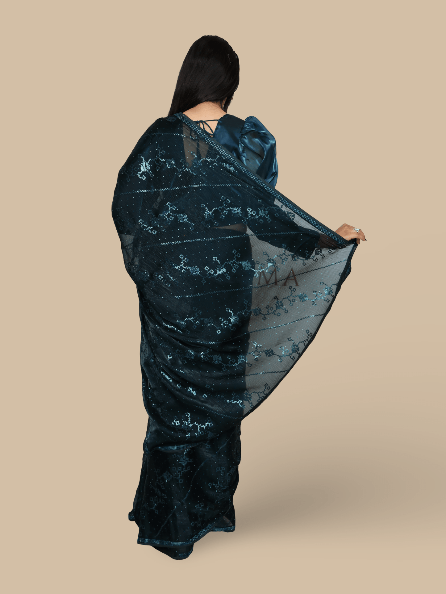 Designer Saree with Rhinestones & Sequin Work by Shreekama - UrbanNest Co