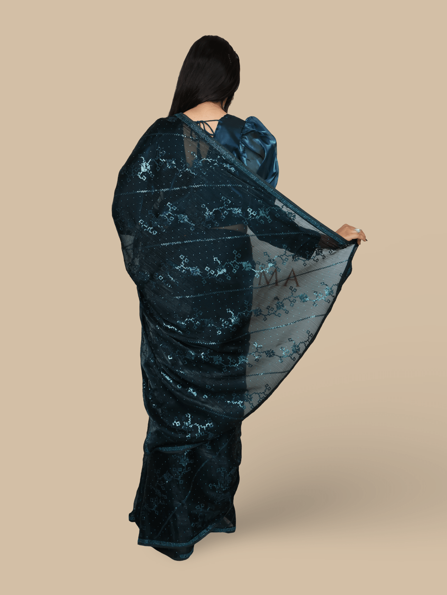 Designer Saree with Rhinestones & Sequin Work by Shreekama - UrbanNest Co
