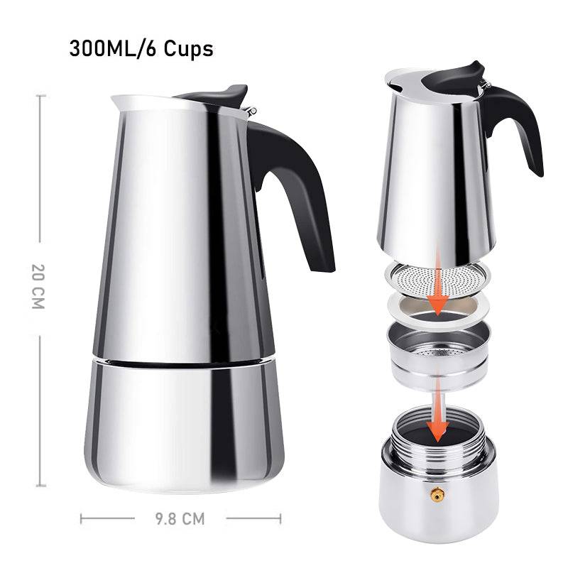 Stainless Steel Hand - Pushed Moka Pot – 6 - Cup (Italian Style Stovetop Coffee Maker) - UrbanNest Co