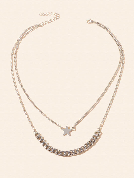 Punk Rock Double layer Silver Chain Star Charm Necklace Women Party Jewellery - UrbanNest Co