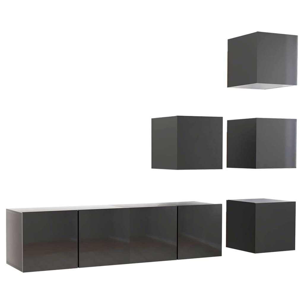 NNEVL 6 Piece TV Cabinet Set High Gloss Grey Chipboard - UrbanNest Co