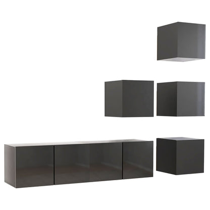 NNEVL 6 Piece TV Cabinet Set High Gloss Grey Chipboard - UrbanNest Co