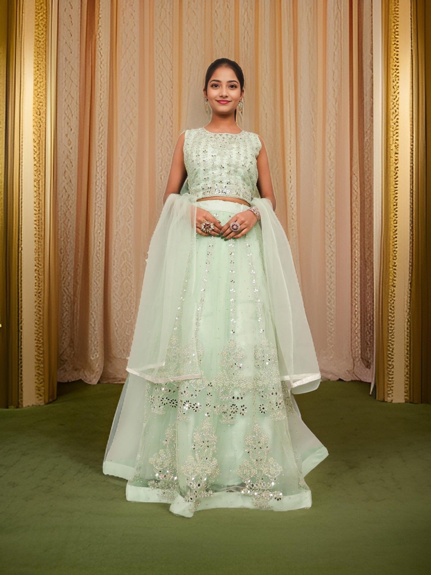 Designer Lehenga Choli with Embroidery and Mirror Peal Work by Shreekama - UrbanNest Co