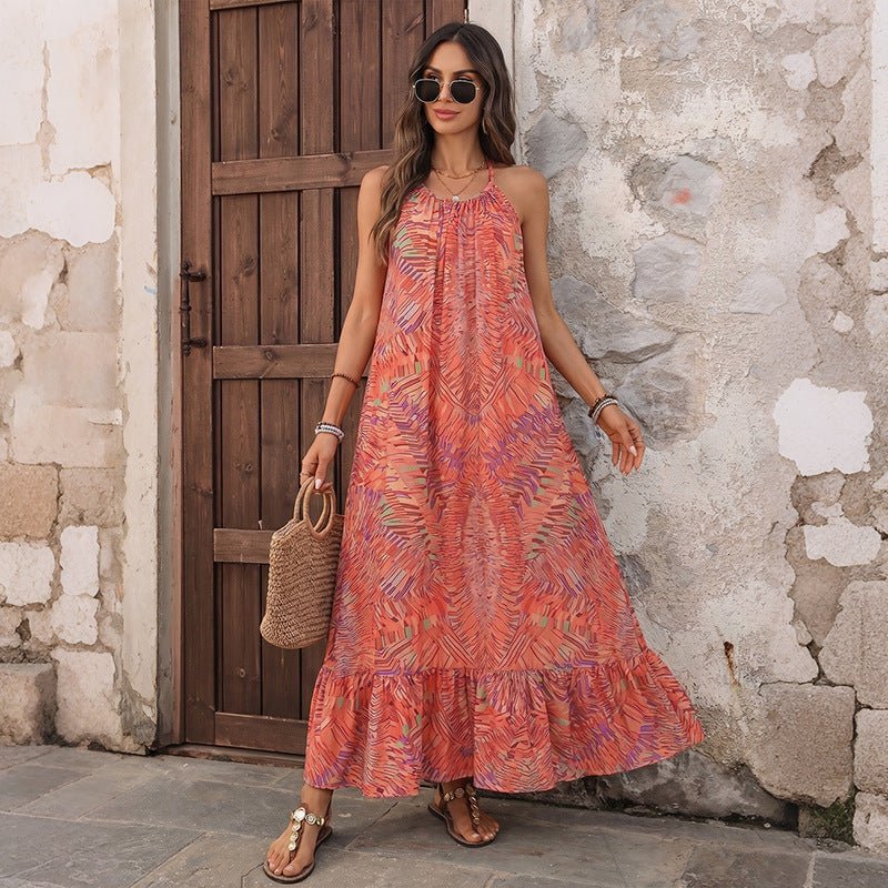 Bohemian Vacation Style Loose Abstract Print Halter Backless Dress - UrbanNest Co