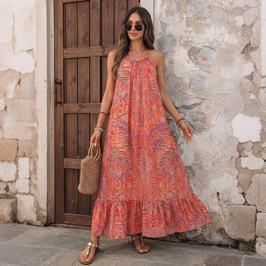 Bohemian Vacation Style Loose Abstract Print Halter Backless Dress - UrbanNest Co