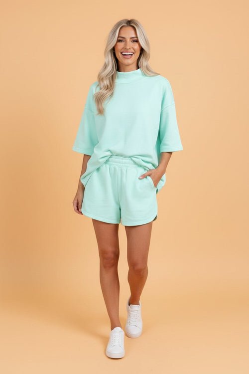 Solid Exposed Seam Mock Neck Tee & Shorts Set - UrbanNest Co