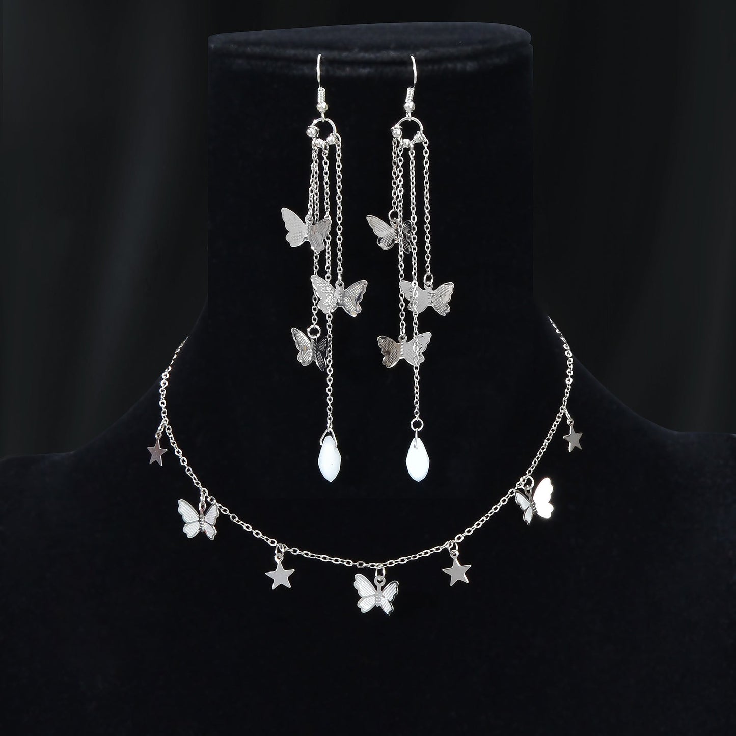 Silvery Chain Star Butterfly Charm Necklace Long Chain Tassel Butterfly Earrings Party Jewelry set - UrbanNest Co