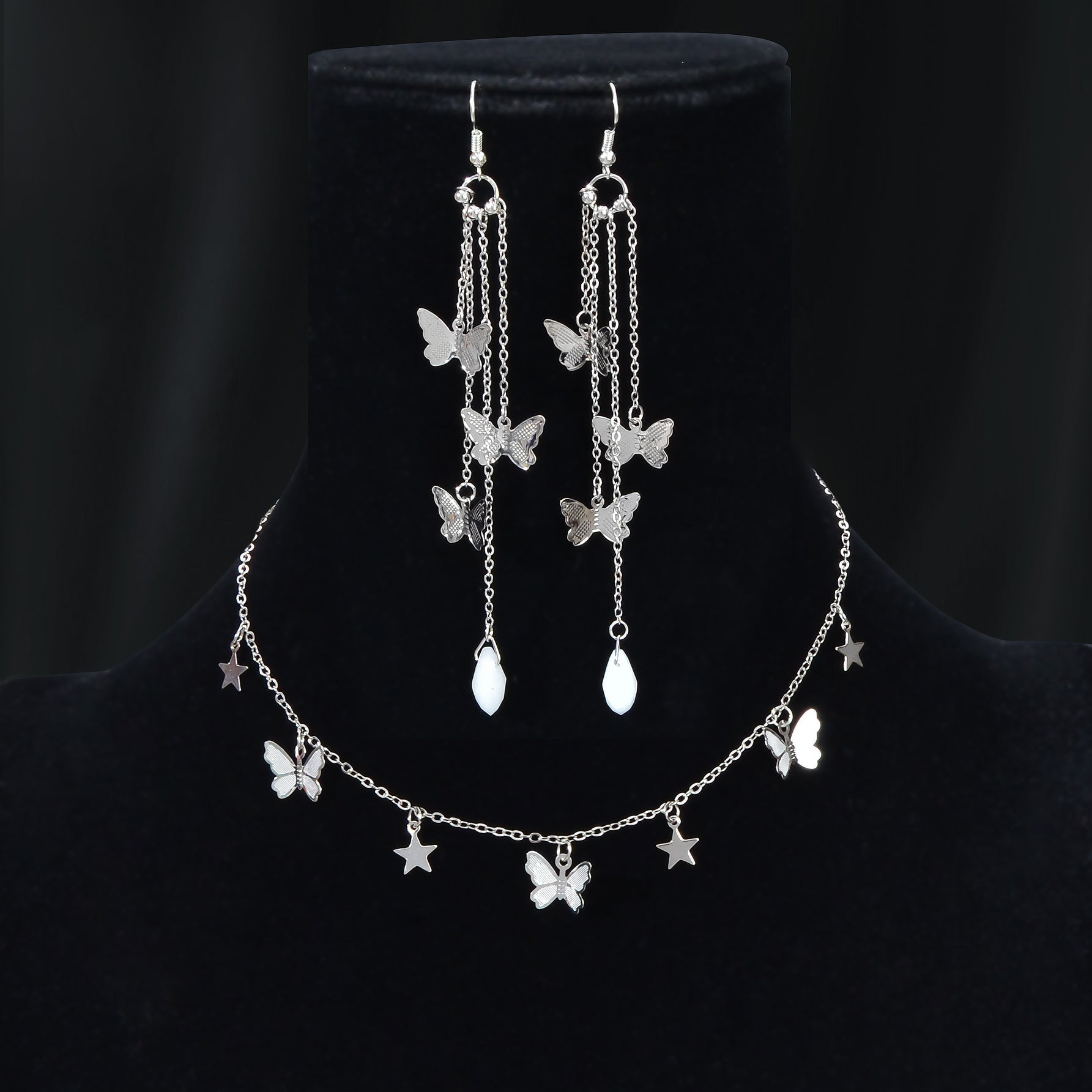 Silvery Chain Star Butterfly Charm Necklace Long Chain Tassel Butterfly Earrings Party Jewelry set - UrbanNest Co