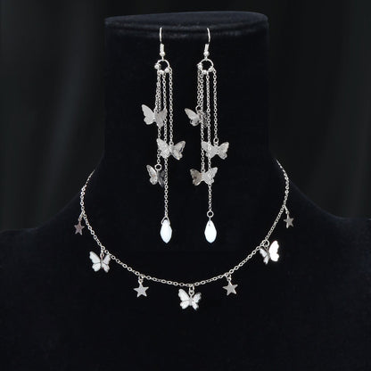 Silvery Chain Star Butterfly Charm Necklace Long Chain Tassel Butterfly Earrings Party Jewelry set - UrbanNest Co