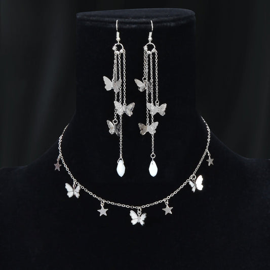 Silvery Chain Star Butterfly Charm Necklace Long Chain Tassel Butterfly Earrings Party Jewelry set - UrbanNest Co