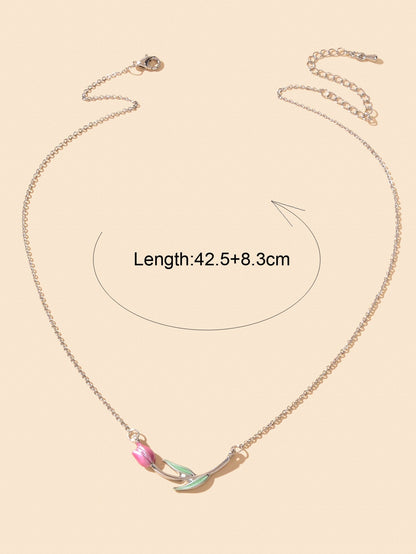 Elegant Silver Chain Green Leaf Pink Tulip Flower Pendant Anniversary Necklace - UrbanNest Co
