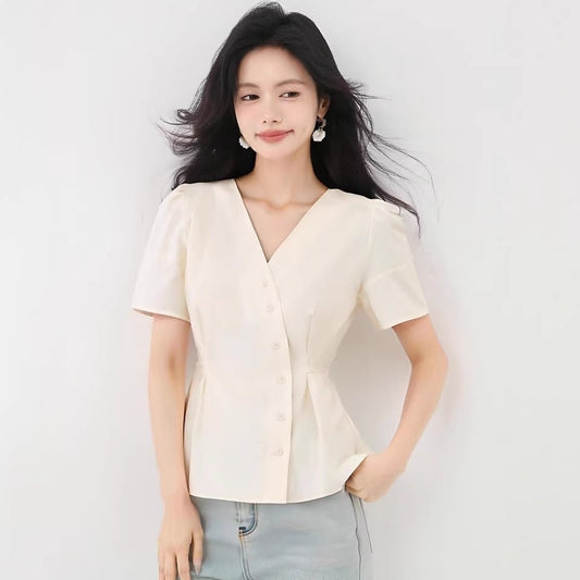 Tie Waist V - Neck Short Sleeve Blouse Women Summer Fashion Chic Slim Fit Crop Top - UrbanNest Co