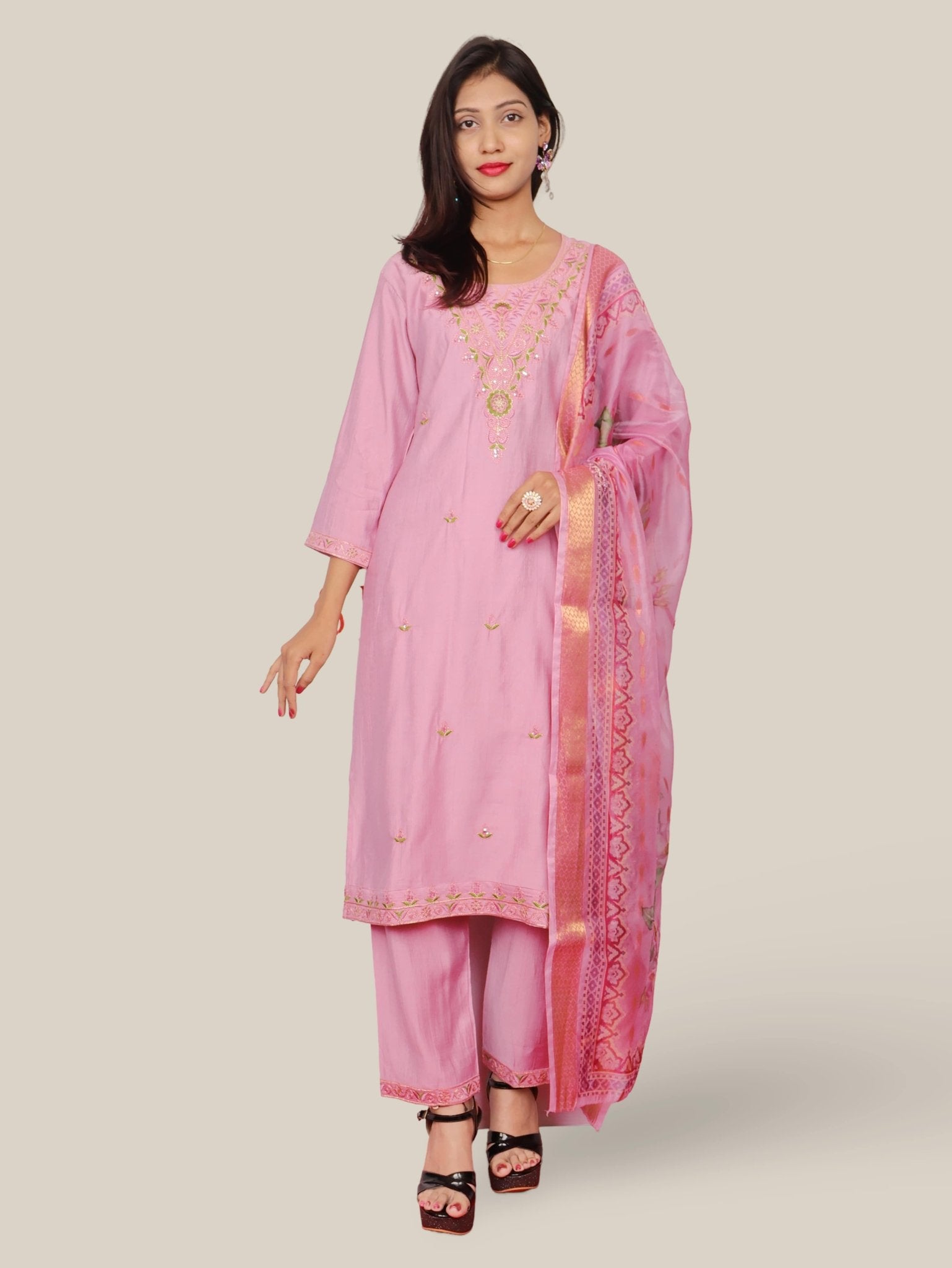 Vatican Silk Embroidered Straight Kurti with Pants and Dupatta - UrbanNest Co