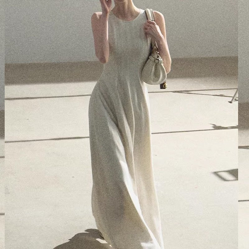 Old Money Style Gold Thread Linen Sparkle Long Dress Summer Sleeveless Fitted Waist Backless Dress - UrbanNest Co