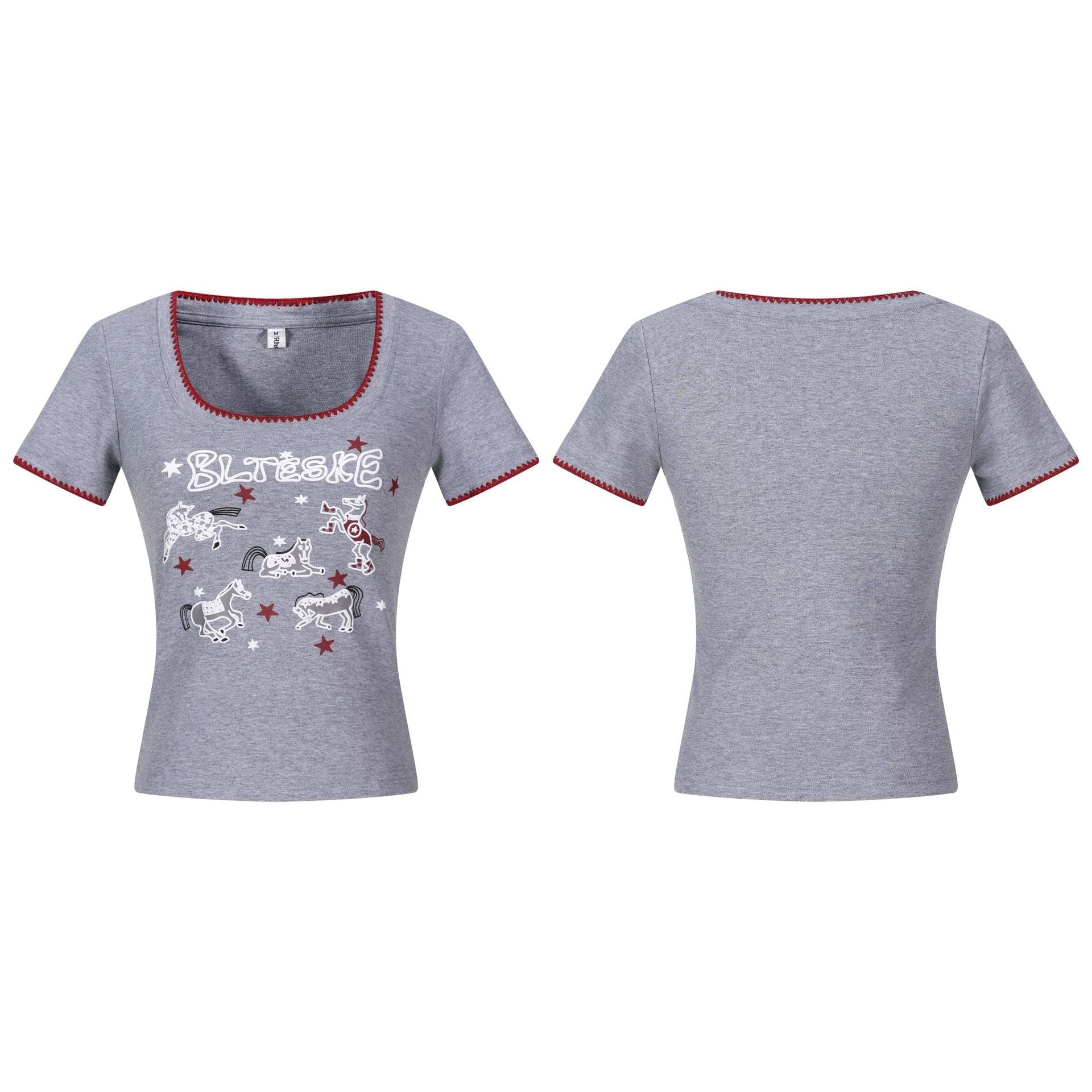 Horse Print Square Neck Short Sleeve T-Shirt Pure Desire Office Style Slim Fit Cropped Top - UrbanNest Co