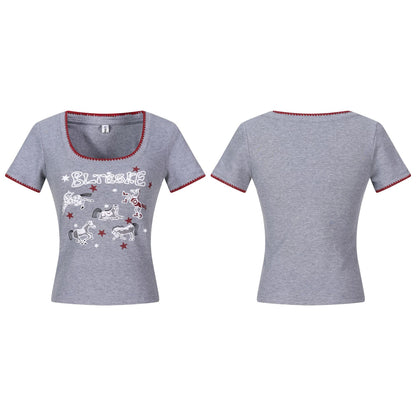 Horse Print Square Neck Short Sleeve T-Shirt Pure Desire Office Style Slim Fit Cropped Top - UrbanNest Co
