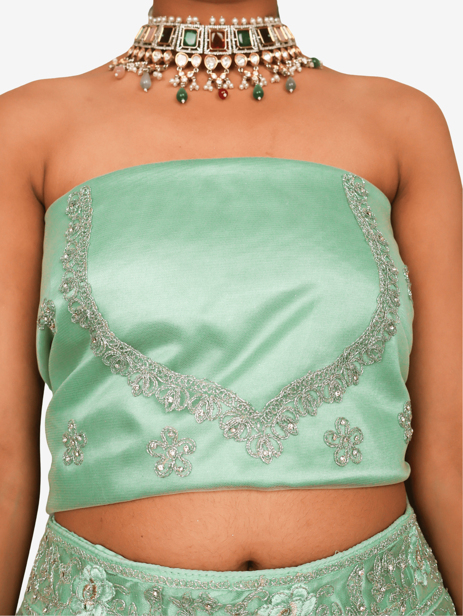 Semi - Stitched Lehenga with American Diamond & Zari Thread Work by Shreekama - UrbanNest Co