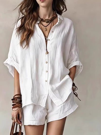Women's wear 2026 solid color loose button - down shirt and shorts casual - UrbanNest Co