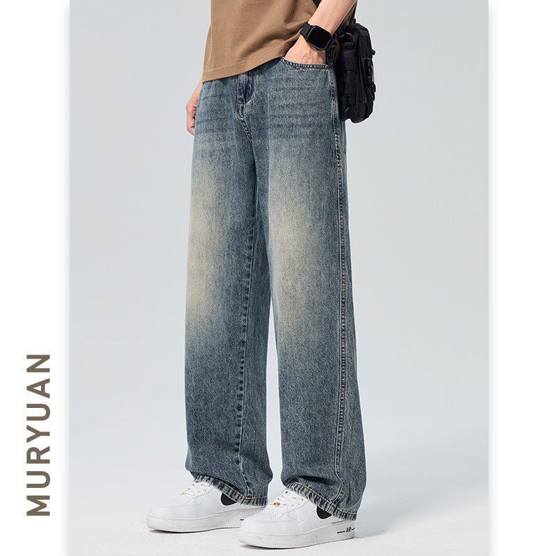 Washed Denim Pants Men Loose Straight Fit Half Elastic Simple Long Trousers - UrbanNest Co