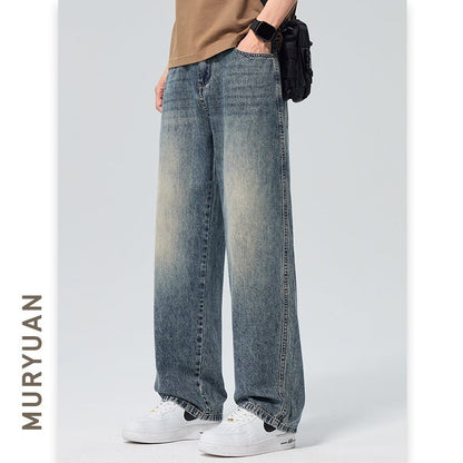 Washed Denim Pants Men Loose Straight Fit Half Elastic Simple Long Trousers - UrbanNest Co
