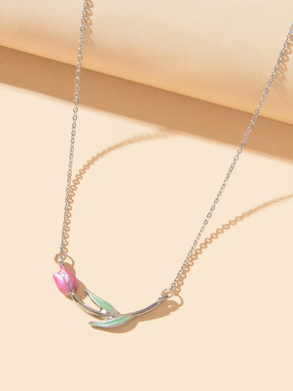 Elegant Silver Chain Green Leaf Pink Tulip Flower Pendant Anniversary Necklace - UrbanNest Co