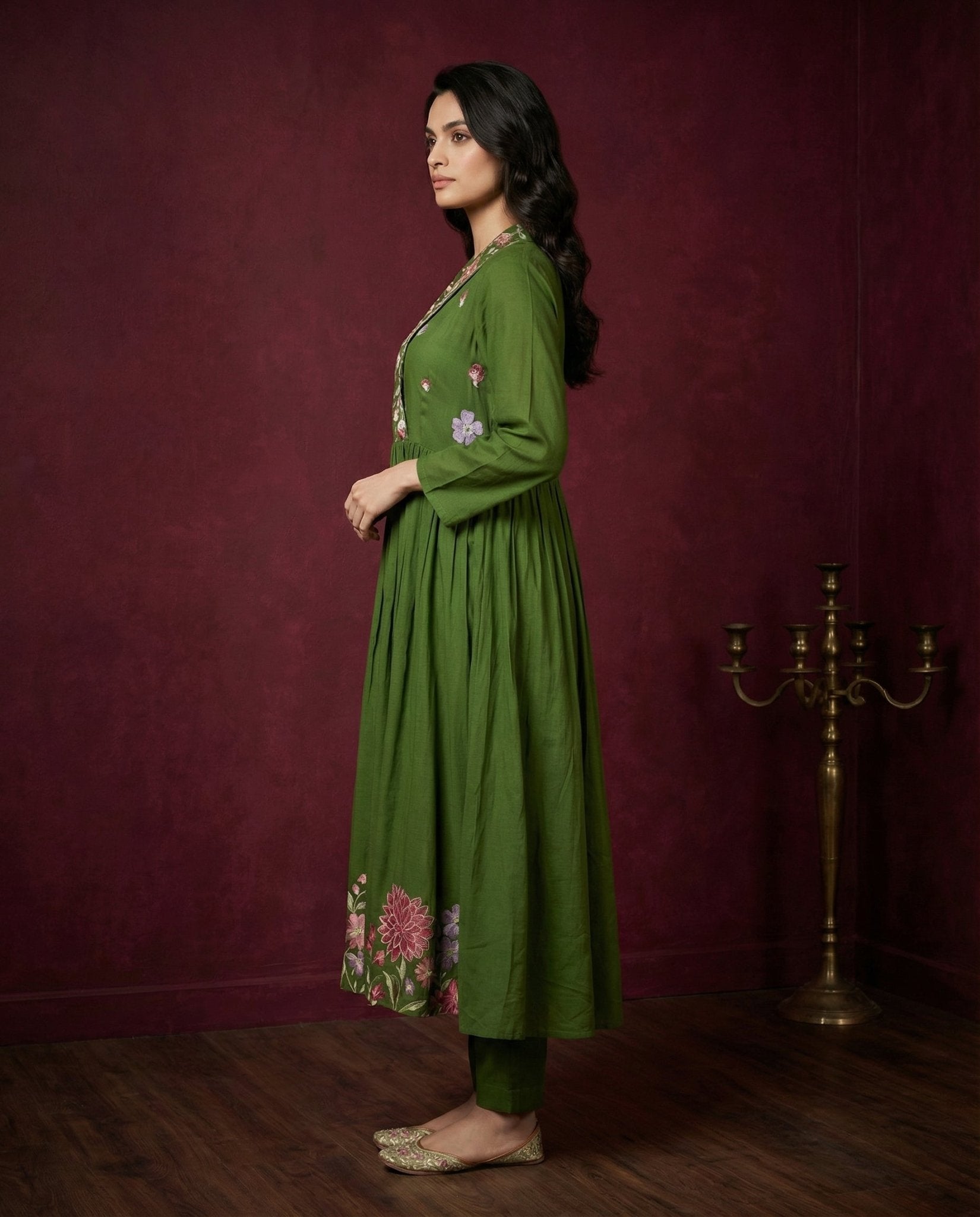 Olive Green Floral Embroidered Anarkali Kurta with Pants Set | Sequin & Embroidery Work - UrbanNest Co