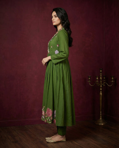 Olive Green Floral Embroidered Anarkali Kurta with Pants Set | Sequin & Embroidery Work - UrbanNest Co