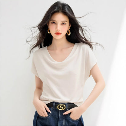 Elegant Slimming Off - Shoulder Short Sleeve T-Shirt Casual Chic Fashion Top Solid Color Comfortable Women's Blouse - UrbanNest Co