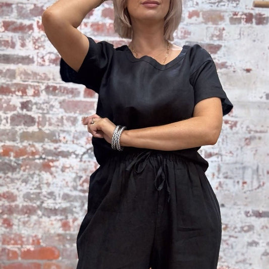 Linen Tee & Pant Pyjama Set in Black - UrbanNest Co