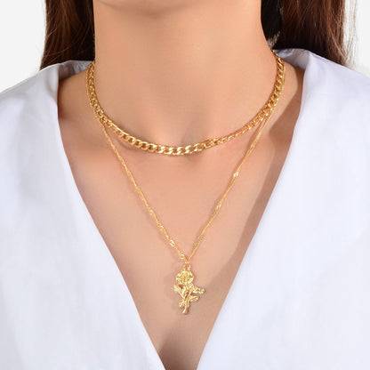 Female Jewelry Double layer Gold Chain Flower Pendant Necklace Women Accessories - UrbanNest Co