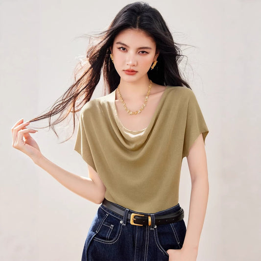 Elegant Slimming Off - Shoulder Short Sleeve T-Shirt Casual Chic Fashion Top Solid Color Comfortable Women's Blouse - UrbanNest Co