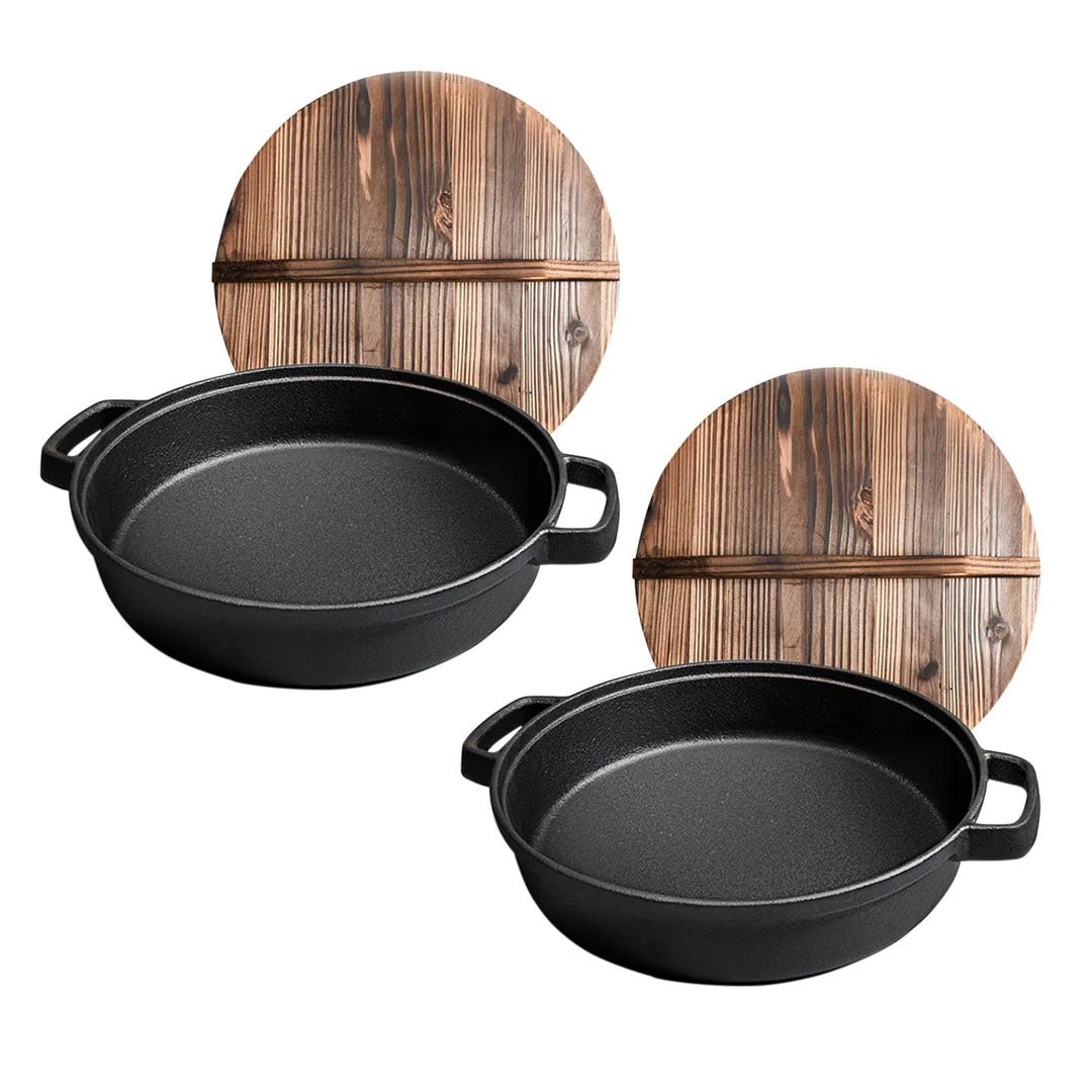 SOGA 2X 31cm Round Cast Iron Pre - seasoned Deep Baking Pizza Frying Pan Skillet with Wooden Lid - UrbanNest Co