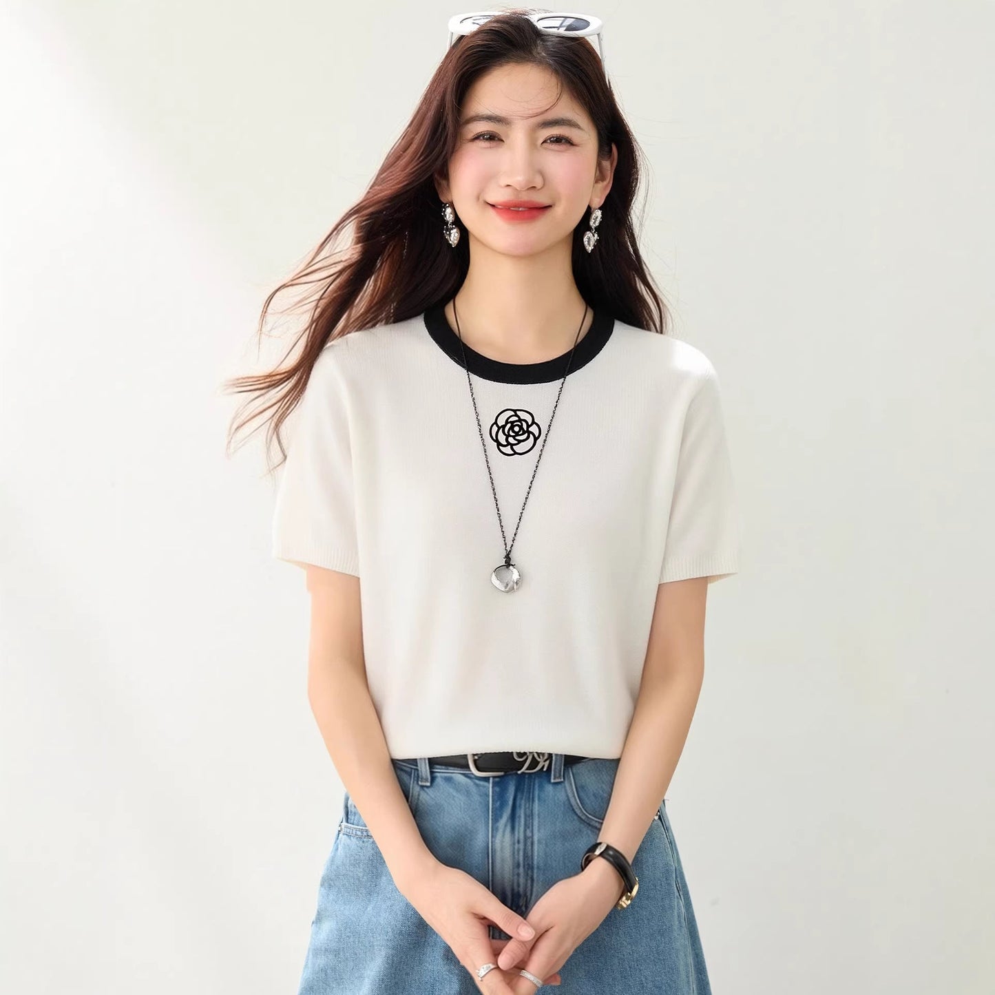 Camellia Embroidery Ice Silk Short Sleeve T-Shirt for WomenRegular Shoulde Body Concealing Top - UrbanNest Co