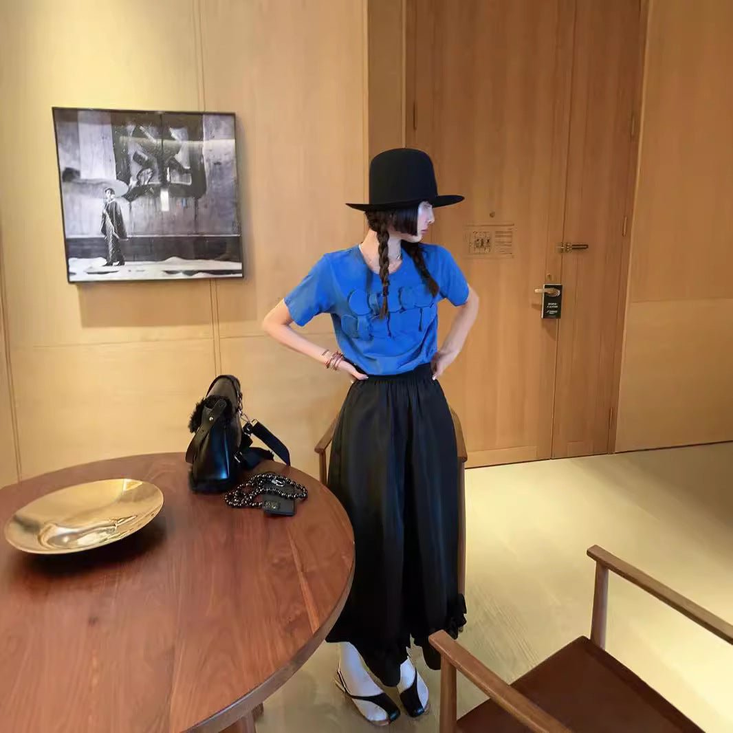 Casual Fashion Women's Short Sleeve T-Shirt with Black White and Blue Color Block DesignElegant and Chic Top - UrbanNest Co
