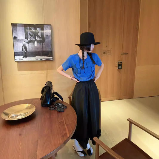 Casual Fashion Women's Short Sleeve T-Shirt with Black White and Blue Color Block DesignElegant and Chic Top - UrbanNest Co