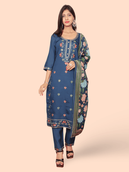 Rayon - Cotton Embroidered Straight Kurti with Pant and Dupatta - UrbanNest Co
