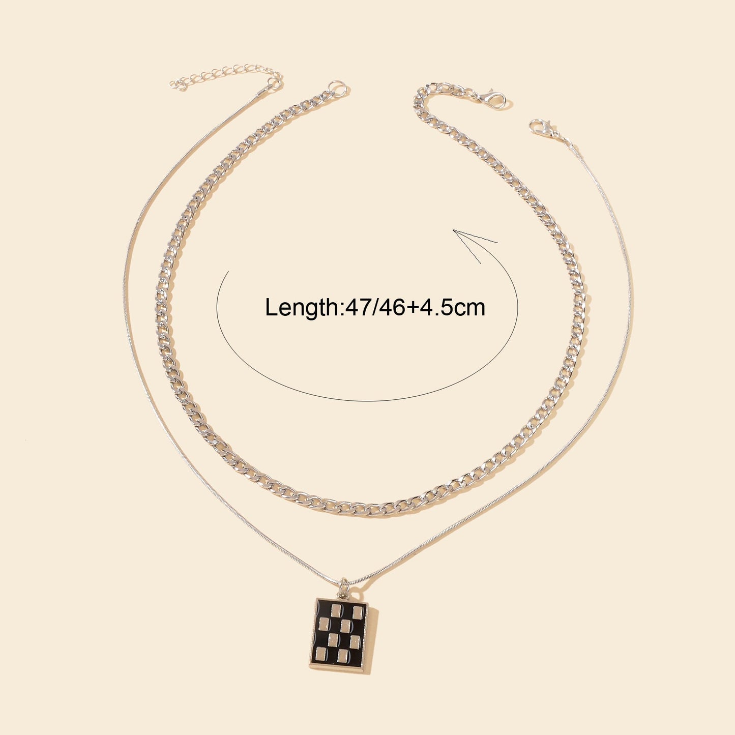 Street Double Layer Silvery Chain Black Silver Checkered Rectangle Geometric Pendant Necklace School Daily Accessory - UrbanNest Co