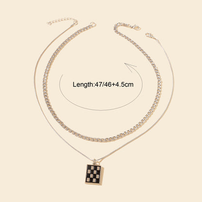 Street Double Layer Silvery Chain Black Silver Checkered Rectangle Geometric Pendant Necklace School Daily Accessory - UrbanNest Co